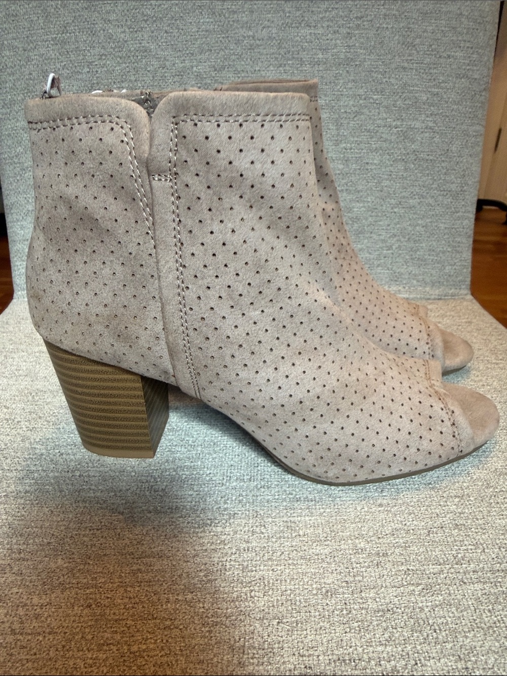 Women’s Taupe Faux Suede Peep-Toe Ankle Booties